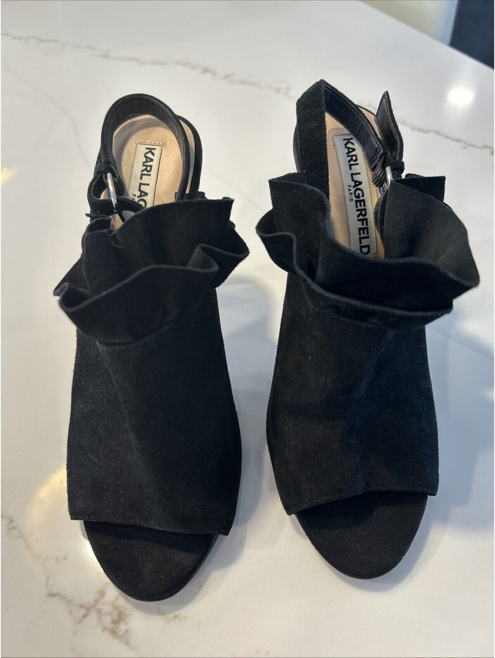 Karl Lagerfeld Paris Lanka Ruffled Black Suede High Heels Sandals Shoes Size 5